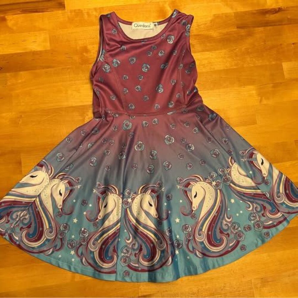 Girls Unicorn and Rose Ombre Purple and Blue Dress Size M